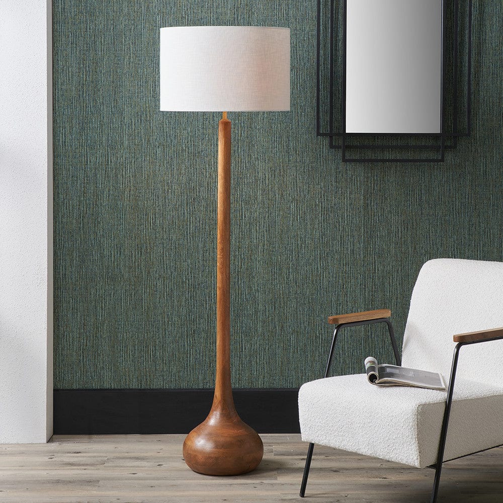 Toma Oiled Wood Tall Neck Floor Lamp Base with Lino 45cm White Self Lined Linen Cylinder Lampshade.