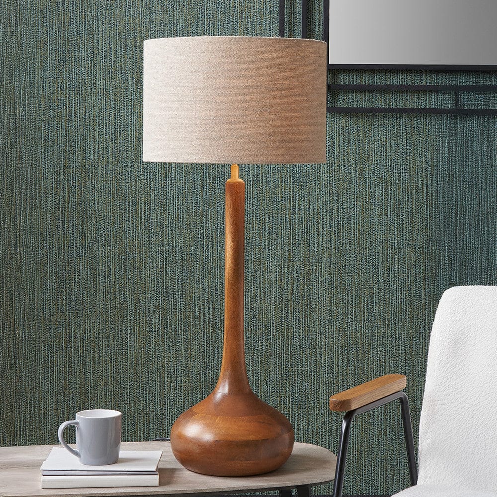 Toma Oiled Wood Tall Neck Table Lamp Base with Edward 35cm Natural Linen Cylinder Lampshade.
