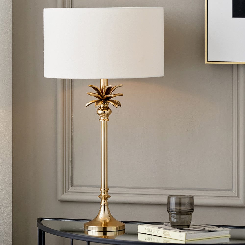 Trafalgar Gold Metal Palm Tree Table Lamp Base with Henry 35cm White Handloom Cylinder Lampshade.