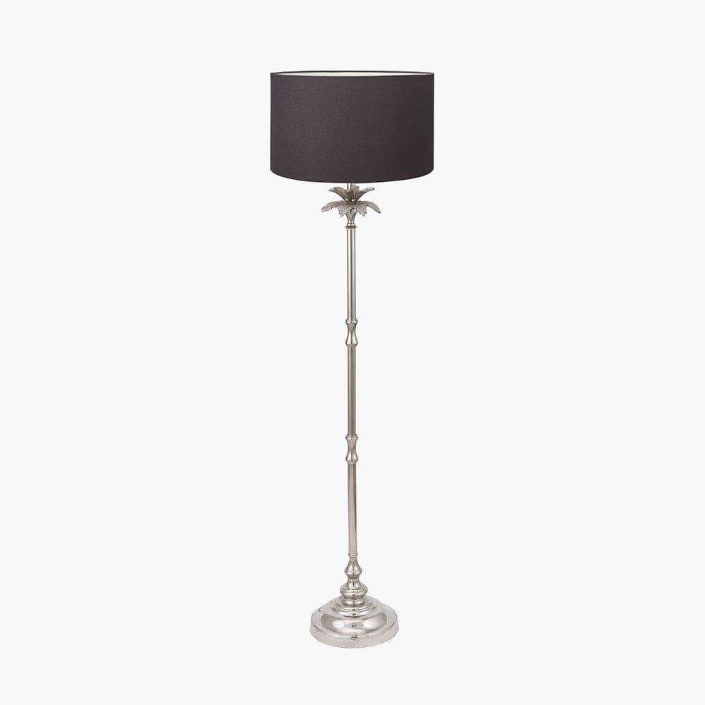 Trafalgar Nickel Metal Palm Tree Floor Lamp Base with Henry 45cm Grey Handloom Cylinder Lampshade.