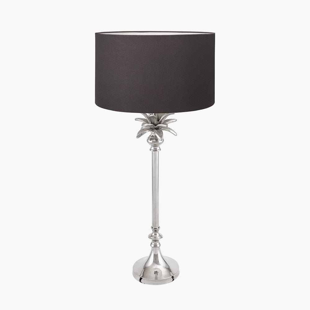 Trafalgar Nickel Metal Palm Tree Table Lamp Base with Henry 35cm Grey Handloom Cylinder Lampshade.
