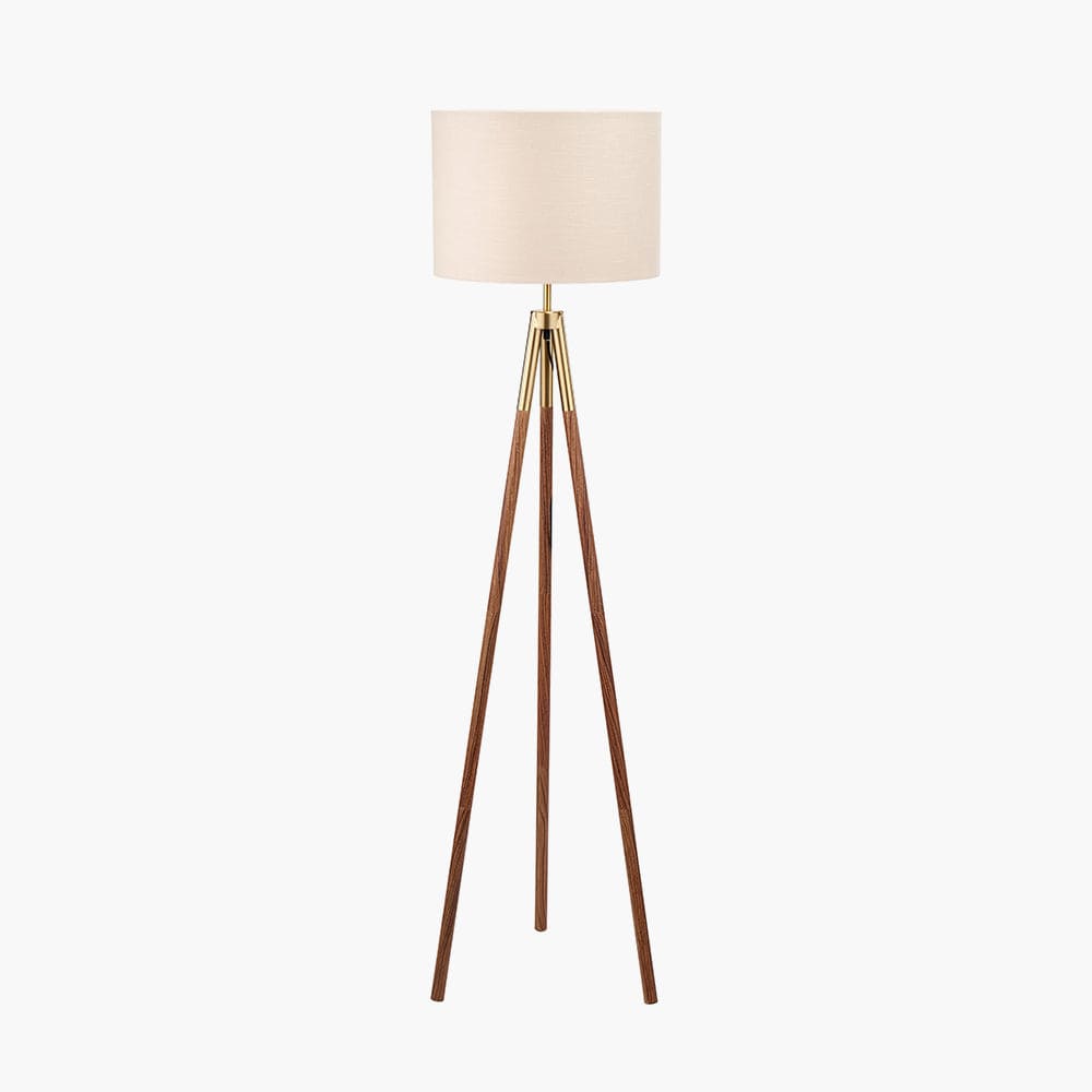 Vali Gold Metal and Brown Wood Grain Tripod Floor Lamp.