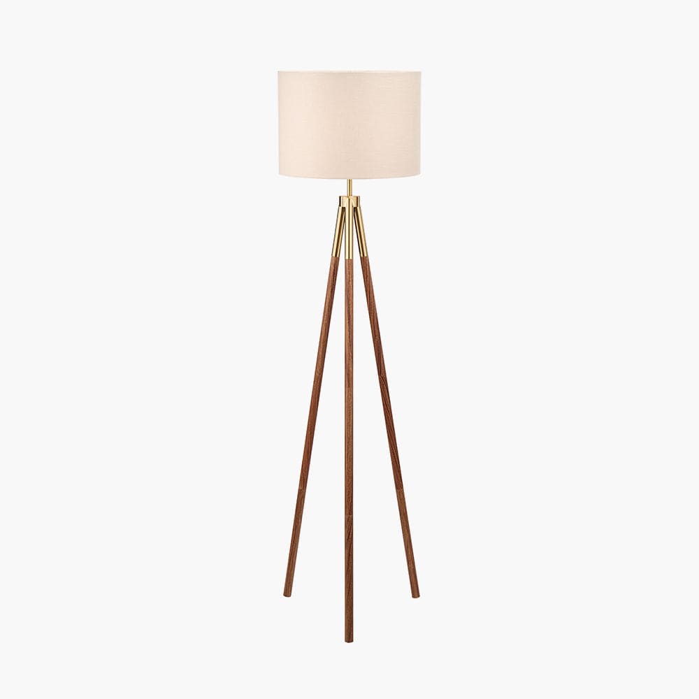 Vali Gold Metal and Brown Wood Grain Tripod Floor Lamp.