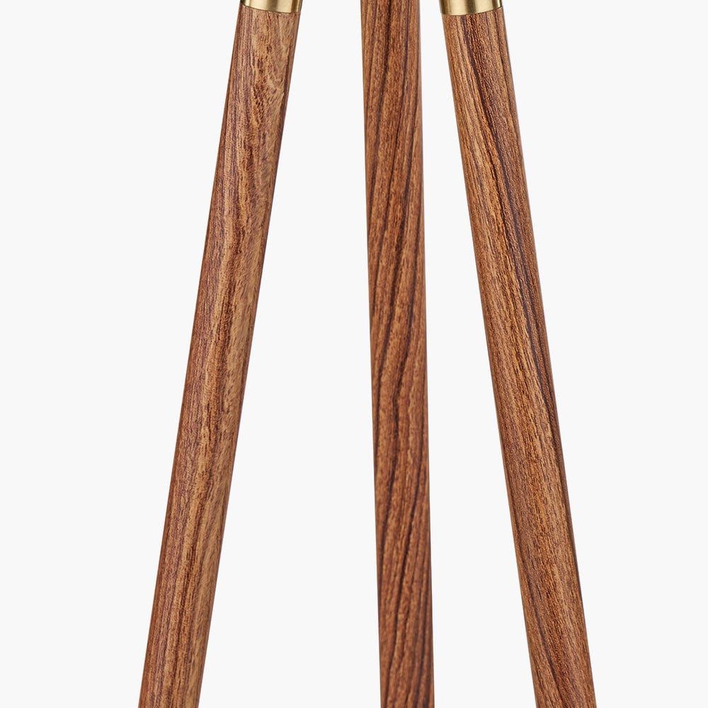 Vali Gold Metal and Brown Wood Grain Tripod Floor Lamp.