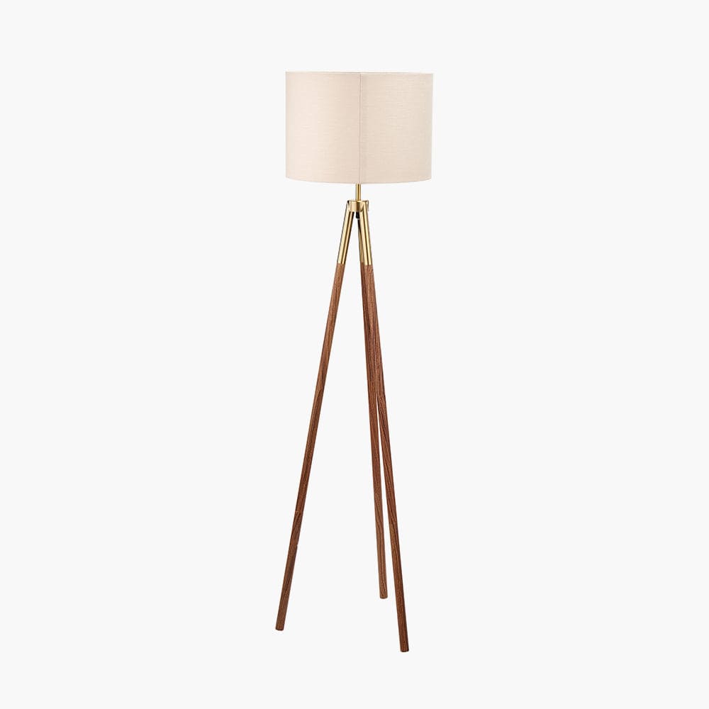 Vali Gold Metal and Brown Wood Grain Tripod Floor Lamp.