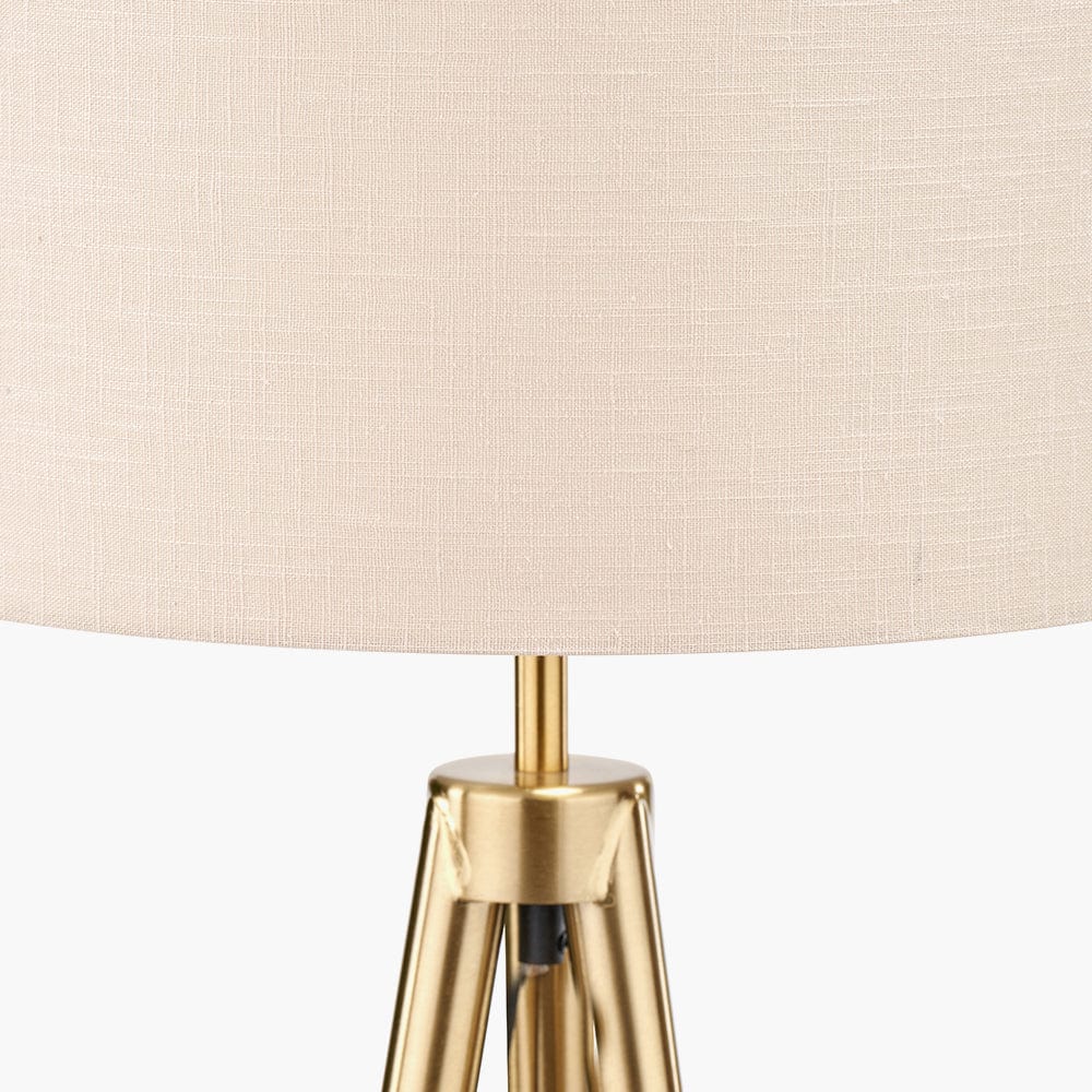 Vali Gold Metal and Brown Wood Grain Tripod Floor Lamp.