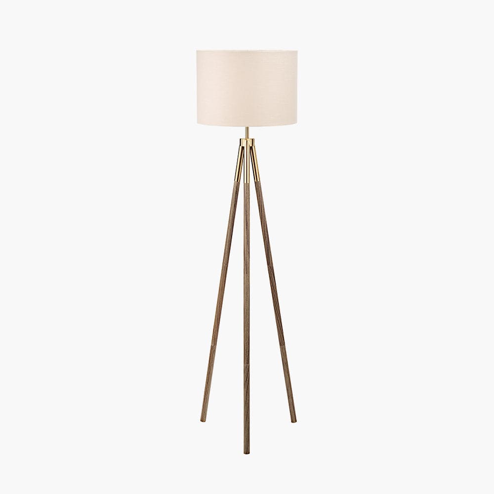 Vali Gold Metal and Brown Wood Grain Tripod Floor Lamp.