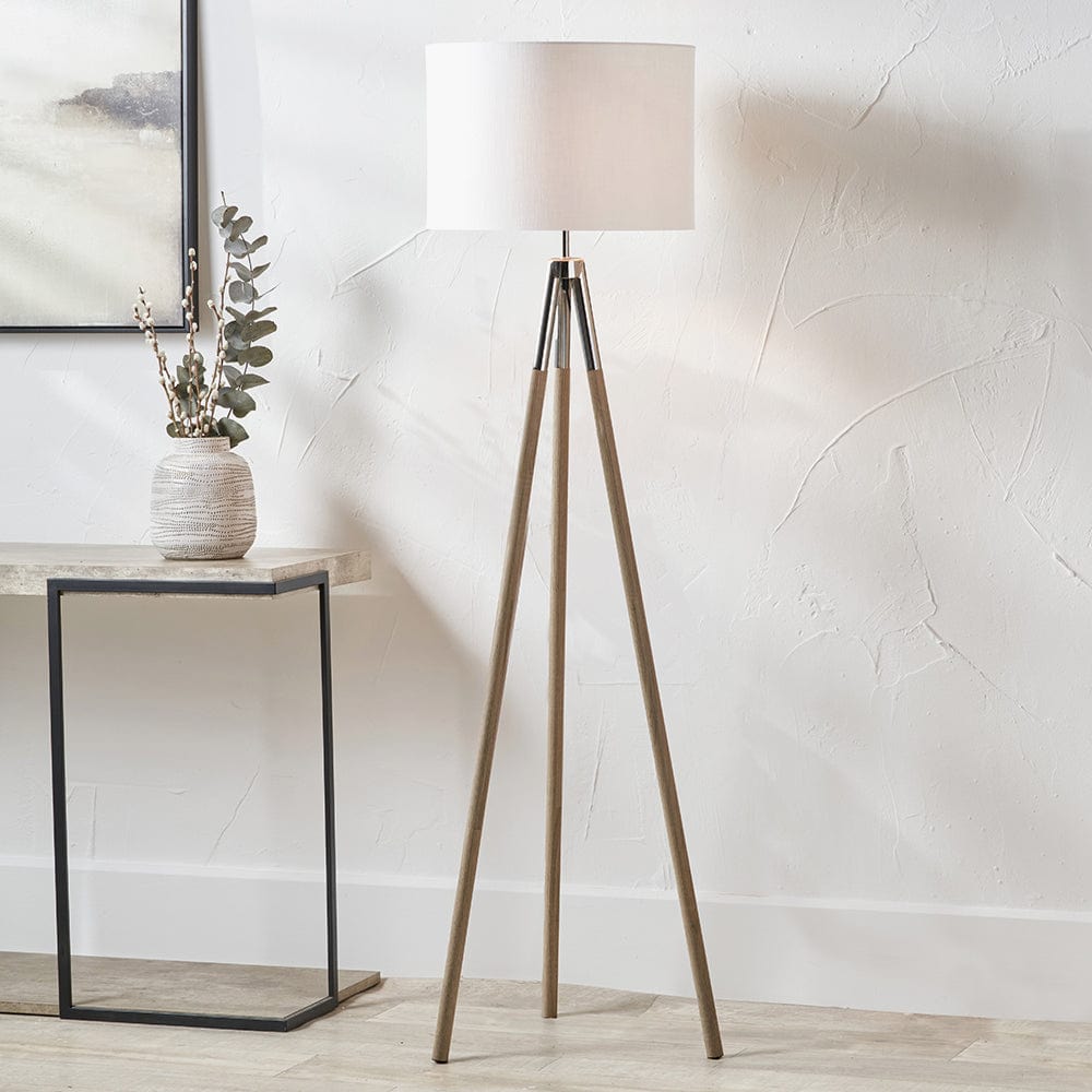 Vali Silver Metal and Grey Wood Grain Tripod Floor Lamp.