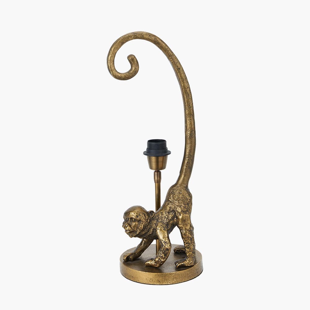 Vervet Antique Brass Metal Monkey Table Lamp Base with Lino 30cm Black Self Lined Linen Cylinder Lampshade.