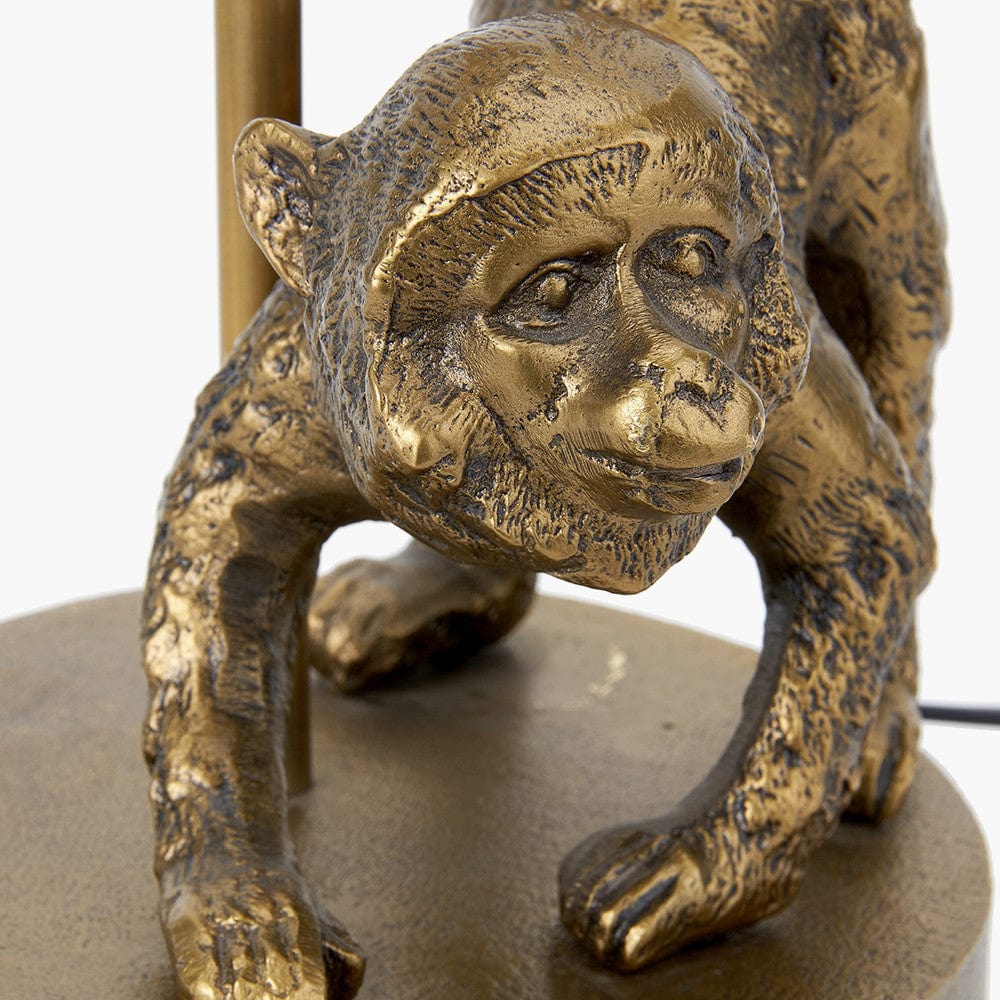 Vervet Antique Brass Metal Monkey Table Lamp Base with Lino 30cm Black Self Lined Linen Cylinder Lampshade.