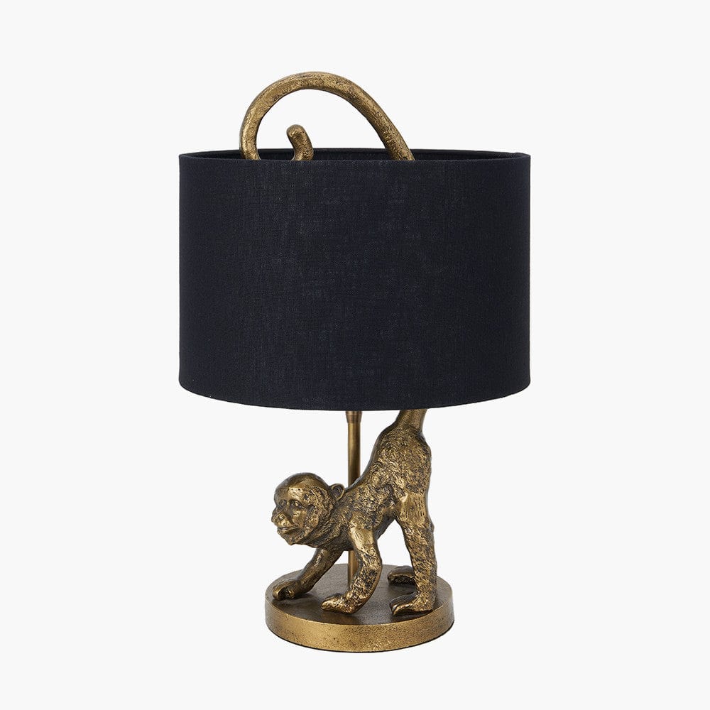 Vervet Antique Brass Metal Monkey Table Lamp Base with Lino 30cm Black Self Lined Linen Cylinder Lampshade.