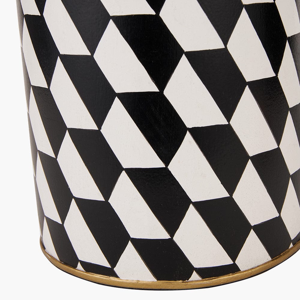 Victor Black and White Geometric Hand Painted Metal Table Lamp Base with Stellan 35cm Black Slubbed Silk Mix Gold Lined Cylinder Lampshade.