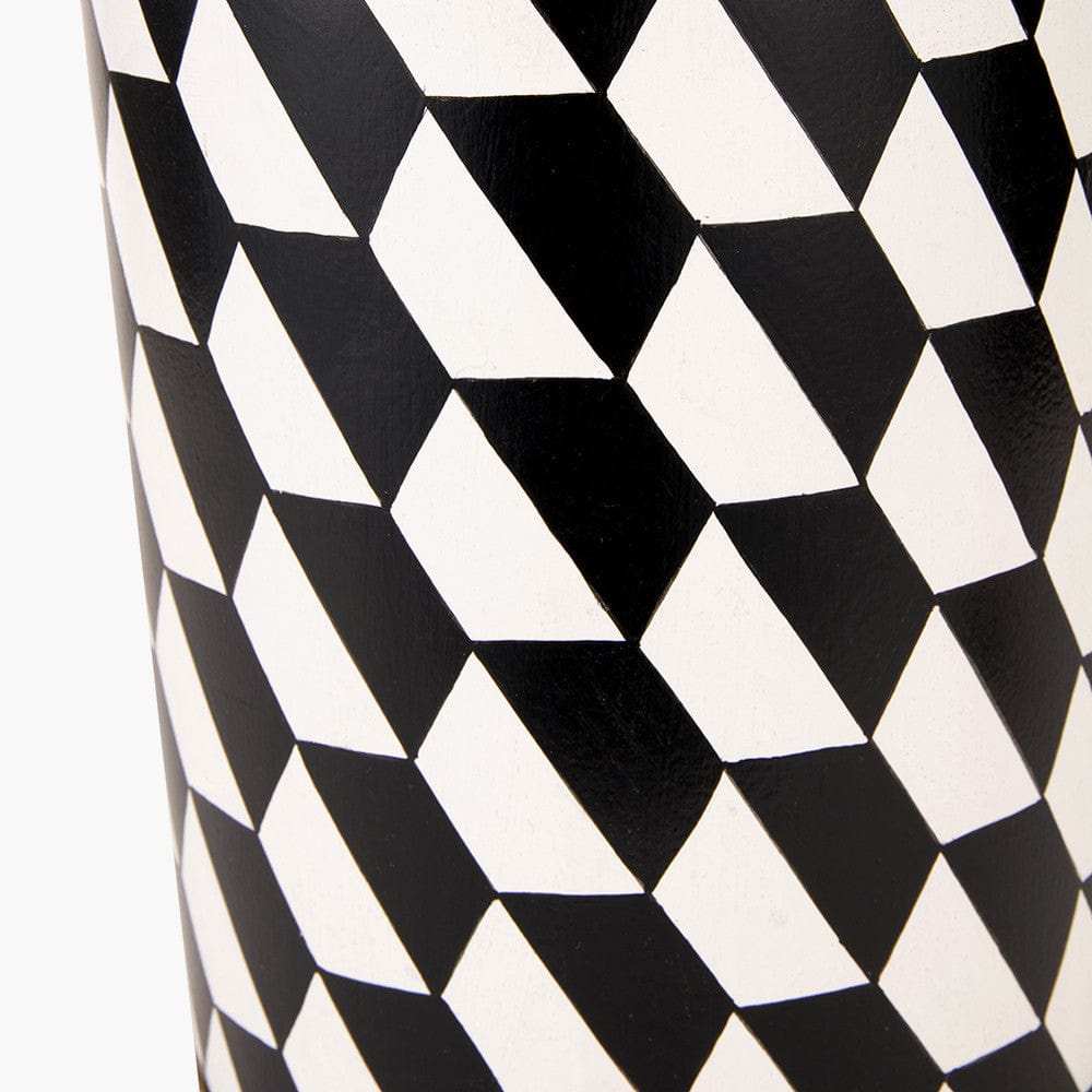Victor Black and White Geometric Hand Painted Metal Table Lamp Base with Stellan 35cm Black Slubbed Silk Mix Gold Lined Cylinder Lampshade.