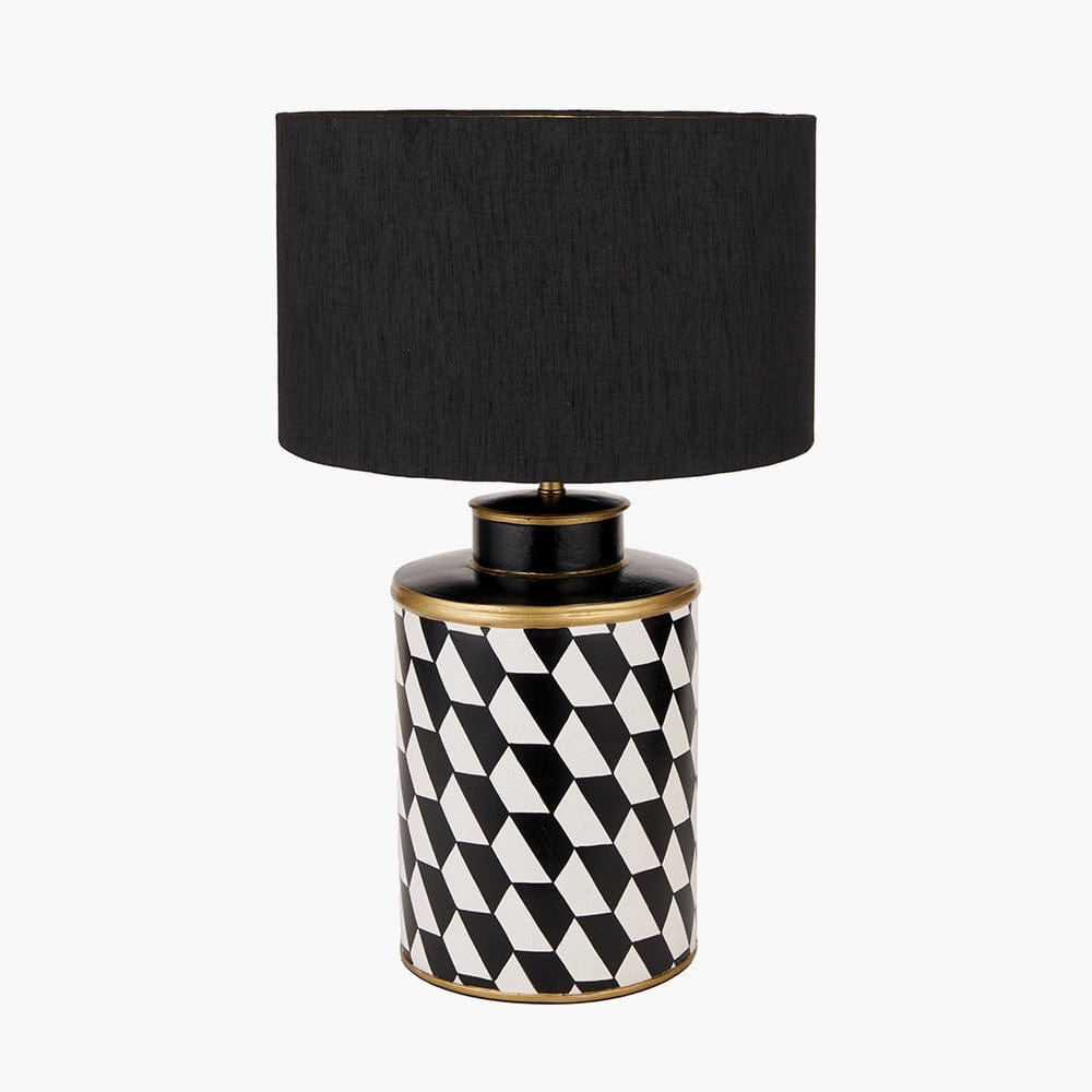 Victor Black and White Geometric Hand Painted Metal Table Lamp Base with Stellan 35cm Black Slubbed Silk Mix Gold Lined Cylinder Lampshade.