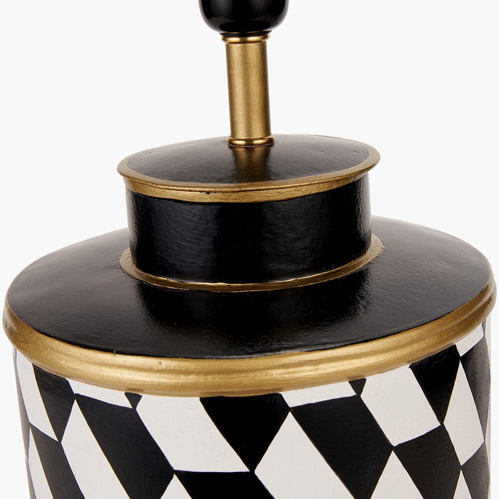 Victor Black and White Geometric Hand Painted Metal Table Lamp Base with Stellan 35cm Black Slubbed Silk Mix Gold Lined Cylinder Lampshade.