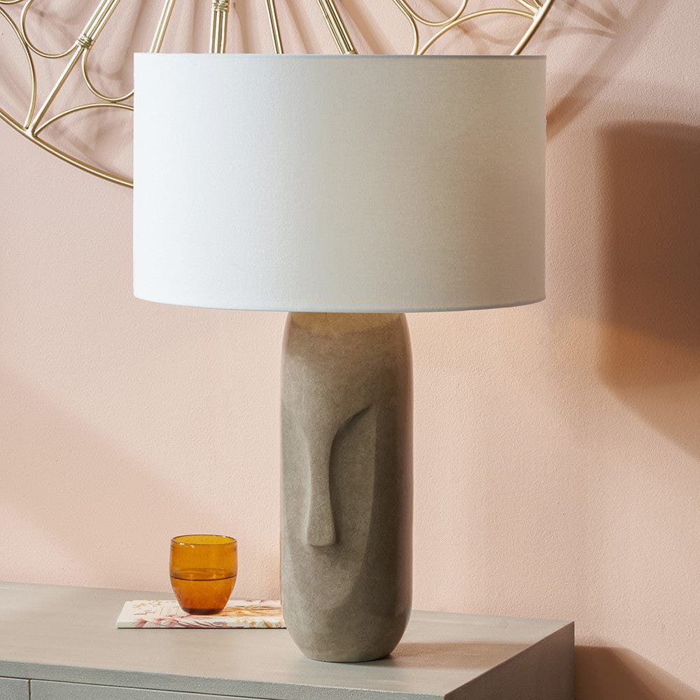 Visage Grey Face Design Tall Stoneware Table Lamp Base with Henry 45cm White Handloom Cylinder Lampshade.