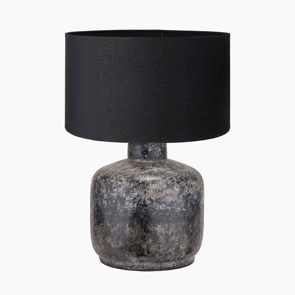 Vulcan Textured Volcanic Effect Grey Small Stoneware Table Lamp Base with Harry 30cm Black Cotton Mix Cylinder Lampshade.