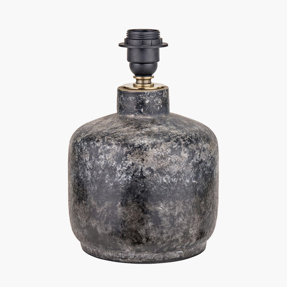 Vulcan Textured Volcanic Effect Grey Small Stoneware Table Lamp Base with Harry 30cm Black Cotton Mix Cylinder Lampshade.