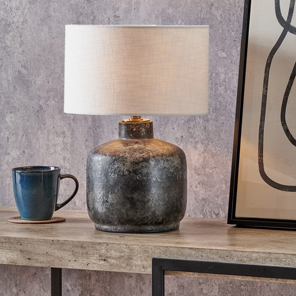 Vulcan Textured Volcanic Effect Grey Small Stoneware Table Lamp Base with Lino 25cm White Self Lined Linen Cylinder Lampshade.