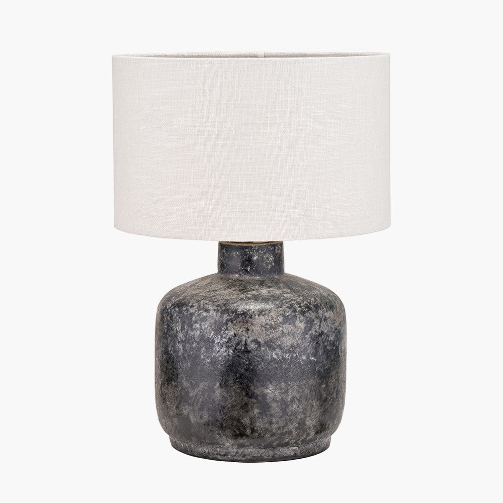 Vulcan Textured Volcanic Effect Grey Small Stoneware Table Lamp Base with Lino 25cm White Self Lined Linen Cylinder Lampshade.