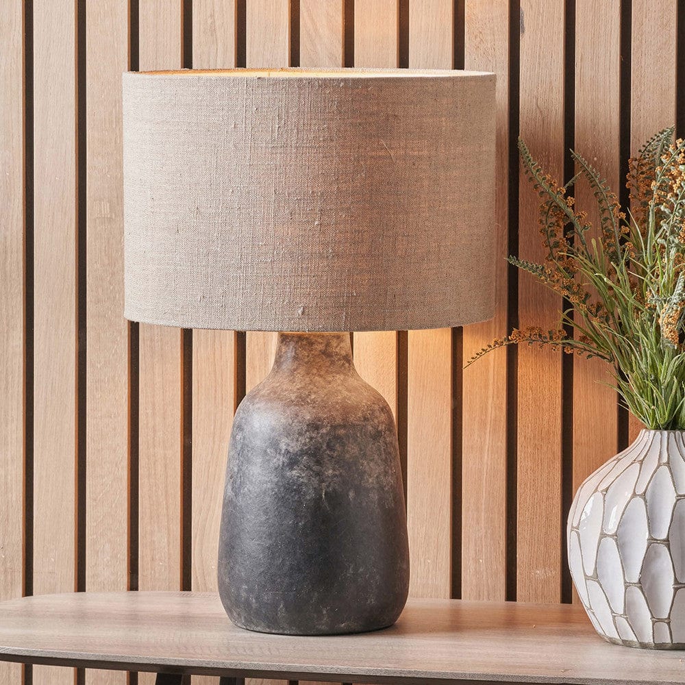 Pacific Lifestyle Lighting Vulcan Textured Volcanic Effect Grey Stoneware Table Lamp Base with Edward 35cm Natural Linen Cylinder Lampshade House of Isabella UK
