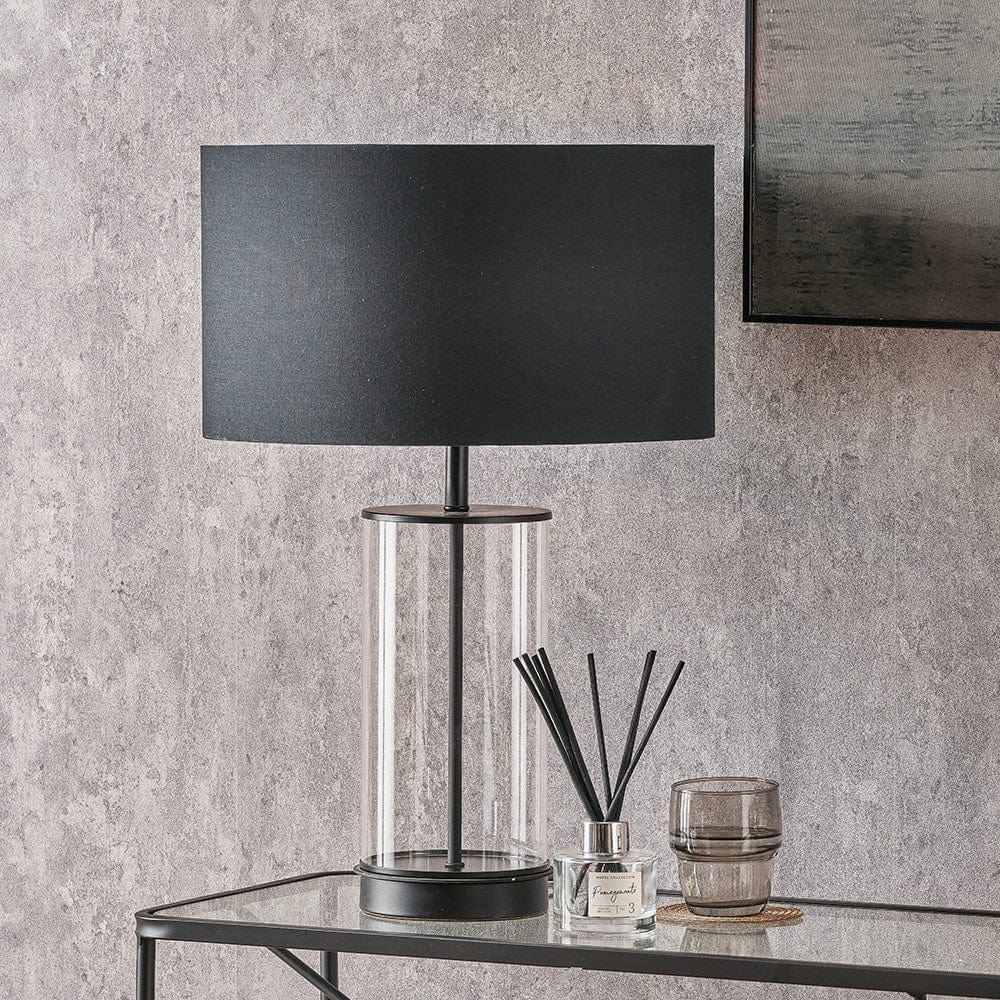 Westwood Clear Glass and Black Metal Table Lamp Base with Harry 35cm Black Cotton Mix Cylinder Lampshade.