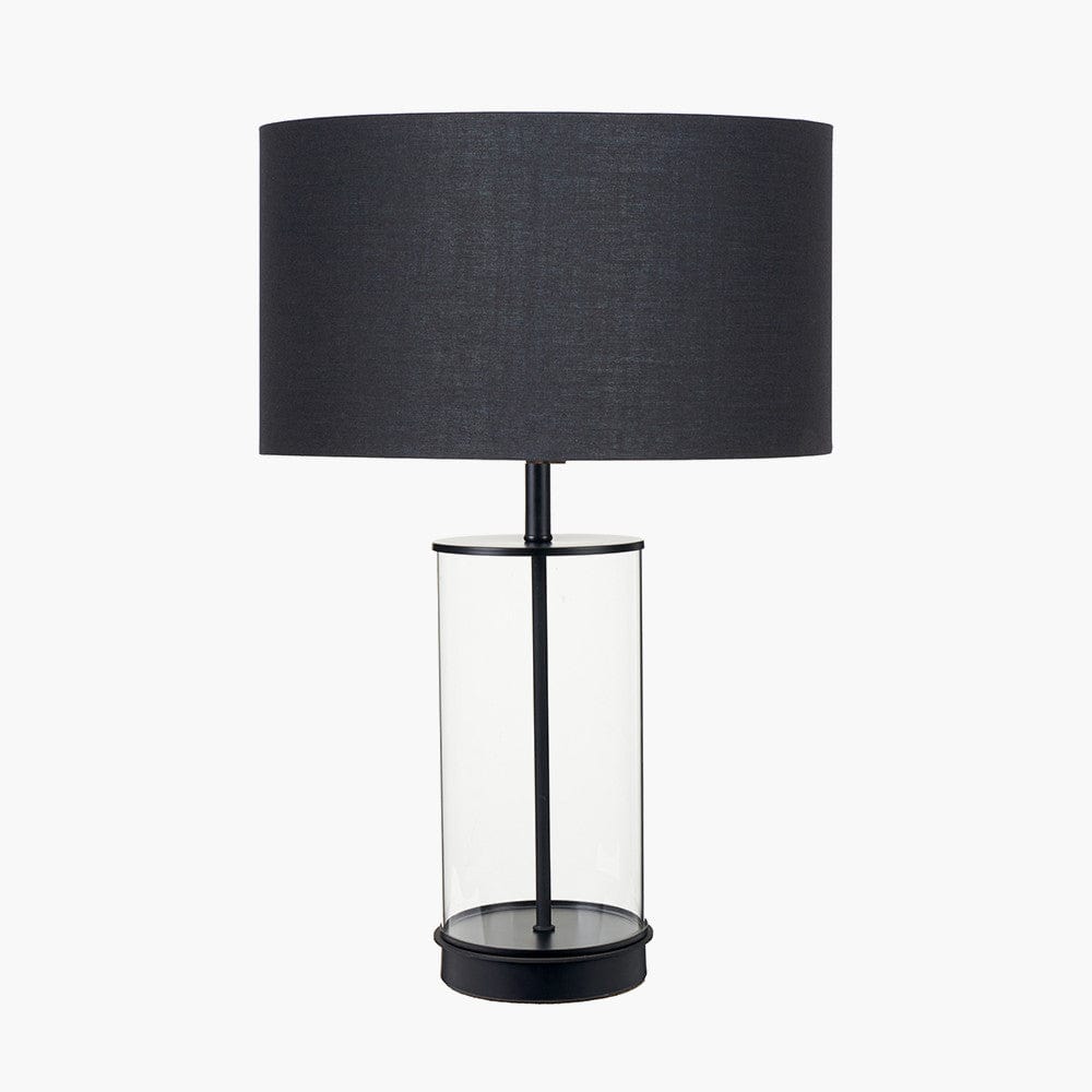 Westwood Clear Glass and Black Metal Table Lamp with Harry 35cm Black Poly Cotton Cylinder Drum Shade.