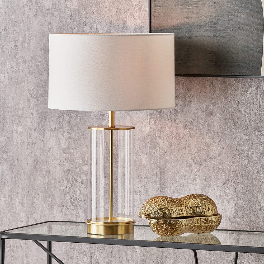 Westwood Clear Glass and Champagne Metal Table Lamp Base with Harry 35cm Ivory Cotton Mix Cylinder Lampshade.