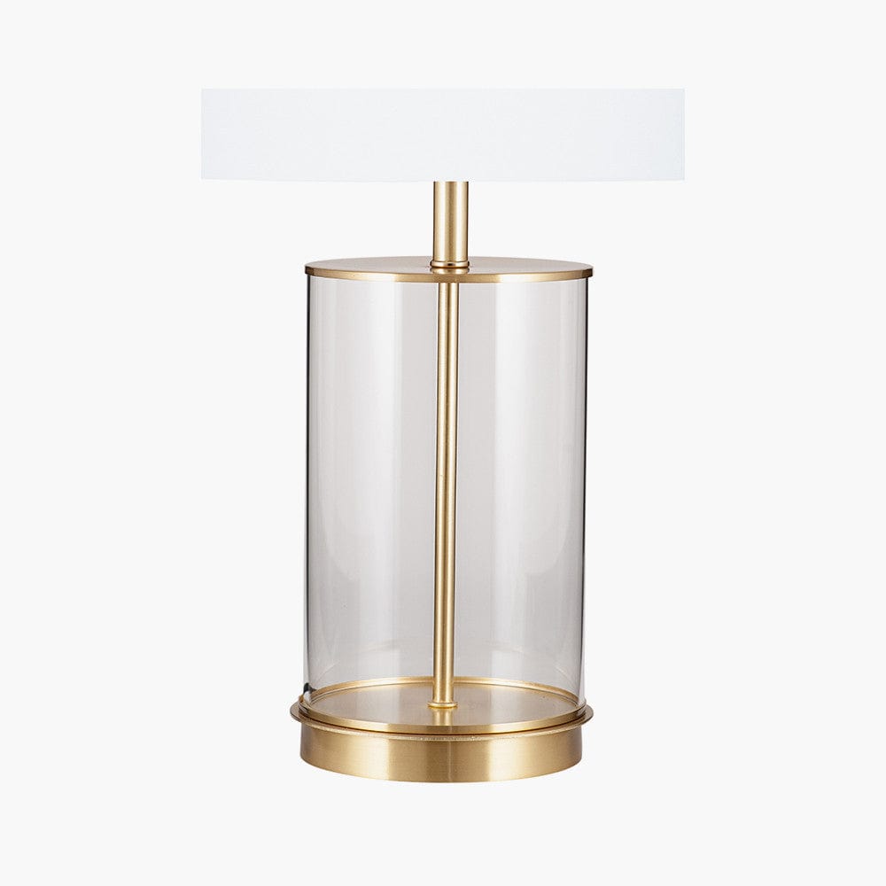 Westwood Clear Glass and Champagne Metal Table Lamp with Harry 35cm Ivory Poly Cotton Cylinder Drum Shade.
