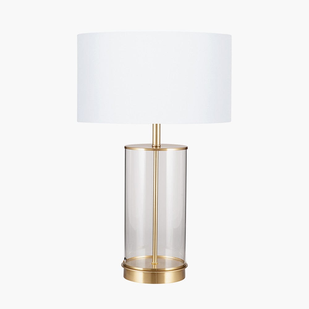 Westwood Clear Glass and Champagne Metal Table Lamp with Harry 35cm Ivory Poly Cotton Cylinder Drum Shade.