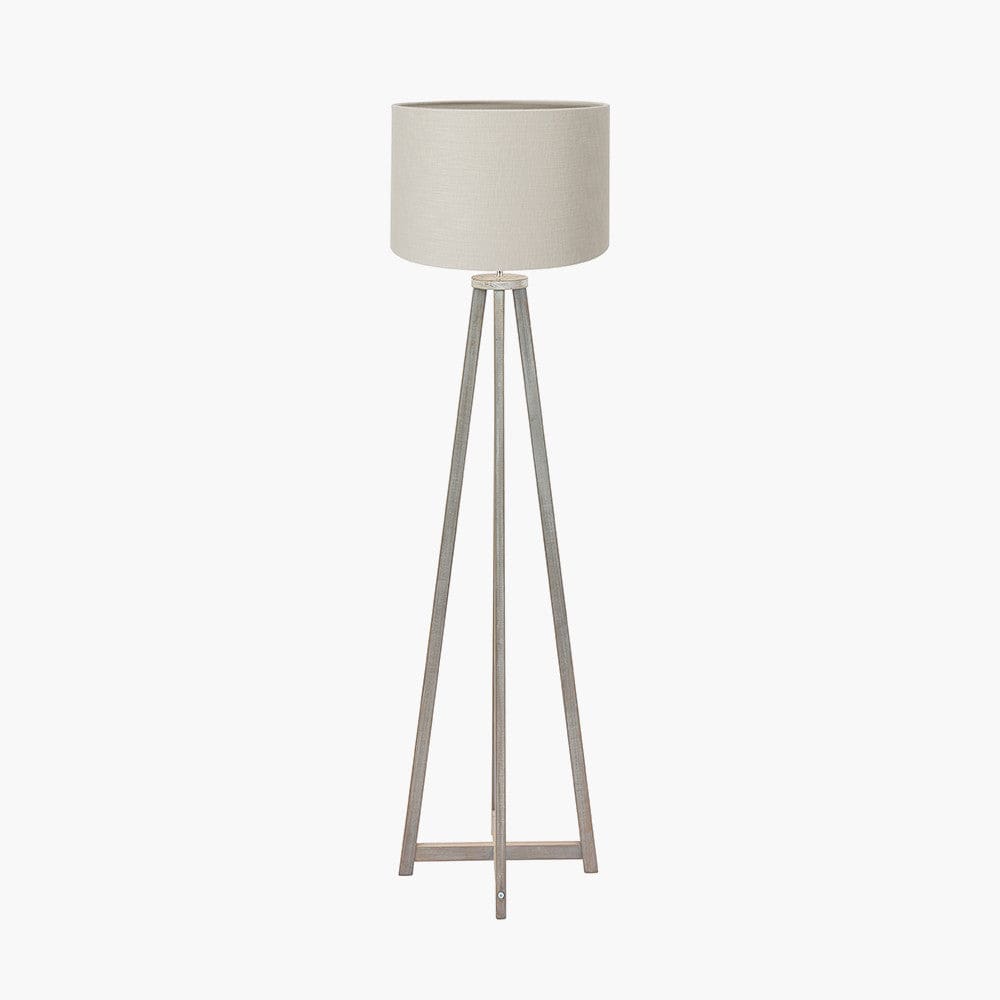 Whitby Grey Wash Wood Tapered 4 Post Floor Lamp Base with Lino 45cm Grey Self Lined Linen Cylinder Lampshade.