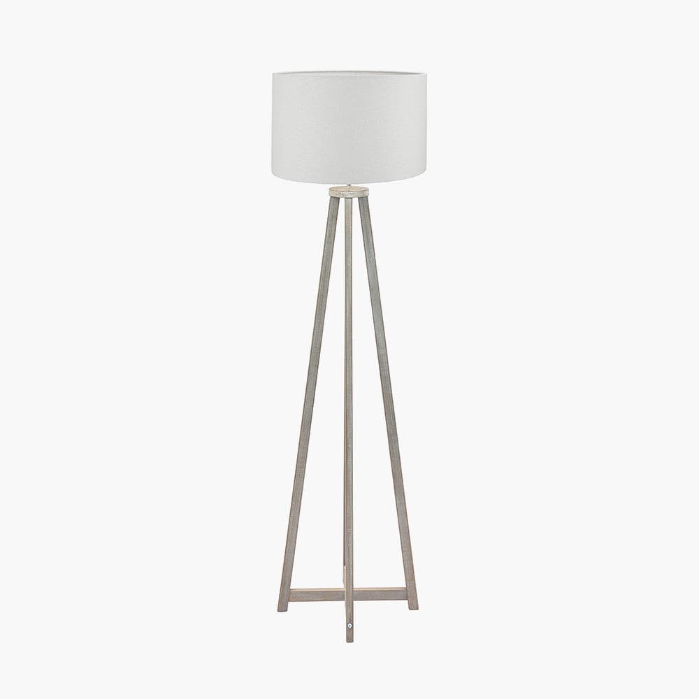 Pacific Lifestyle Lighting Whitby Grey Wash Wood Tapered 4 Post Floor Lamp Base with Lino 45cm White Self Lined Linen Cylinder Lampshade House of Isabella UK