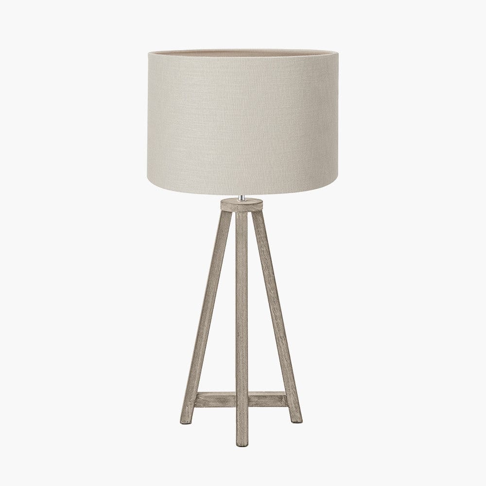 Whitby Grey Wash Wood Tapered 4 Post Table Lamp Base with Lino 35cm Grey Self Lined Linen Cylinder Lampshade.