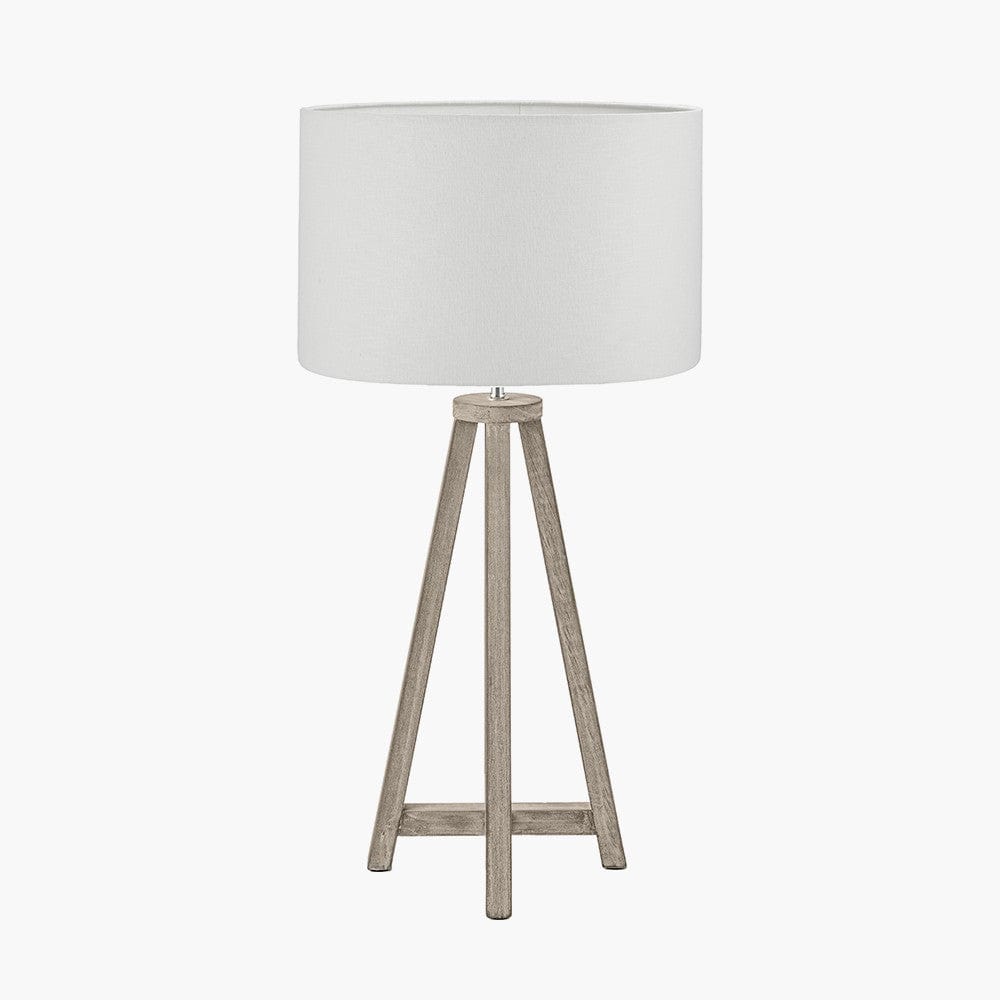 Whitby Grey Wash Wood Tapered 4 Post Table Lamp Base with Lino 35cm White Self Lined Linen Cylinder Lampshade.
