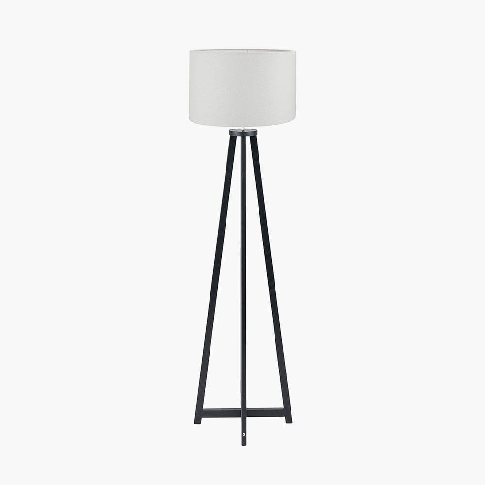 Whitby Matt Black Wood Tapered 4 Post Floor Lamp Base with Lino 45cm White Self Lined Linen Cylinder Lampshade.