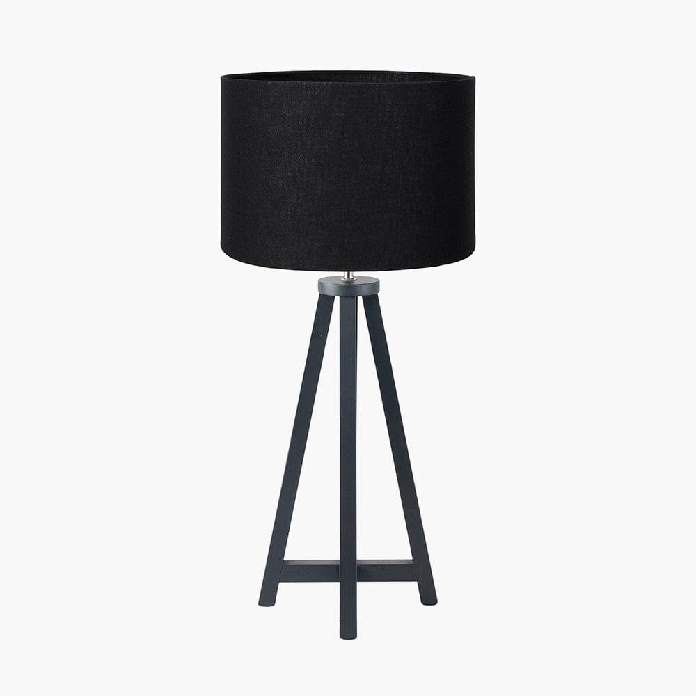 Whitby Matt Black Wood Tapered 4 Post Table Lamp Base with Lino 35cm Black Self Lined Linen Cylinder Lampshade.