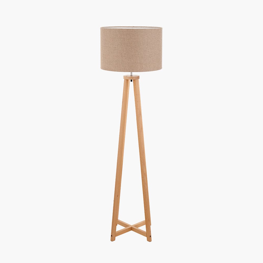 Whitby Natural Wood Tapered 4 Post Floor Lamp Base with Edward 45cm Natural Linen Cylinder Lampshade.