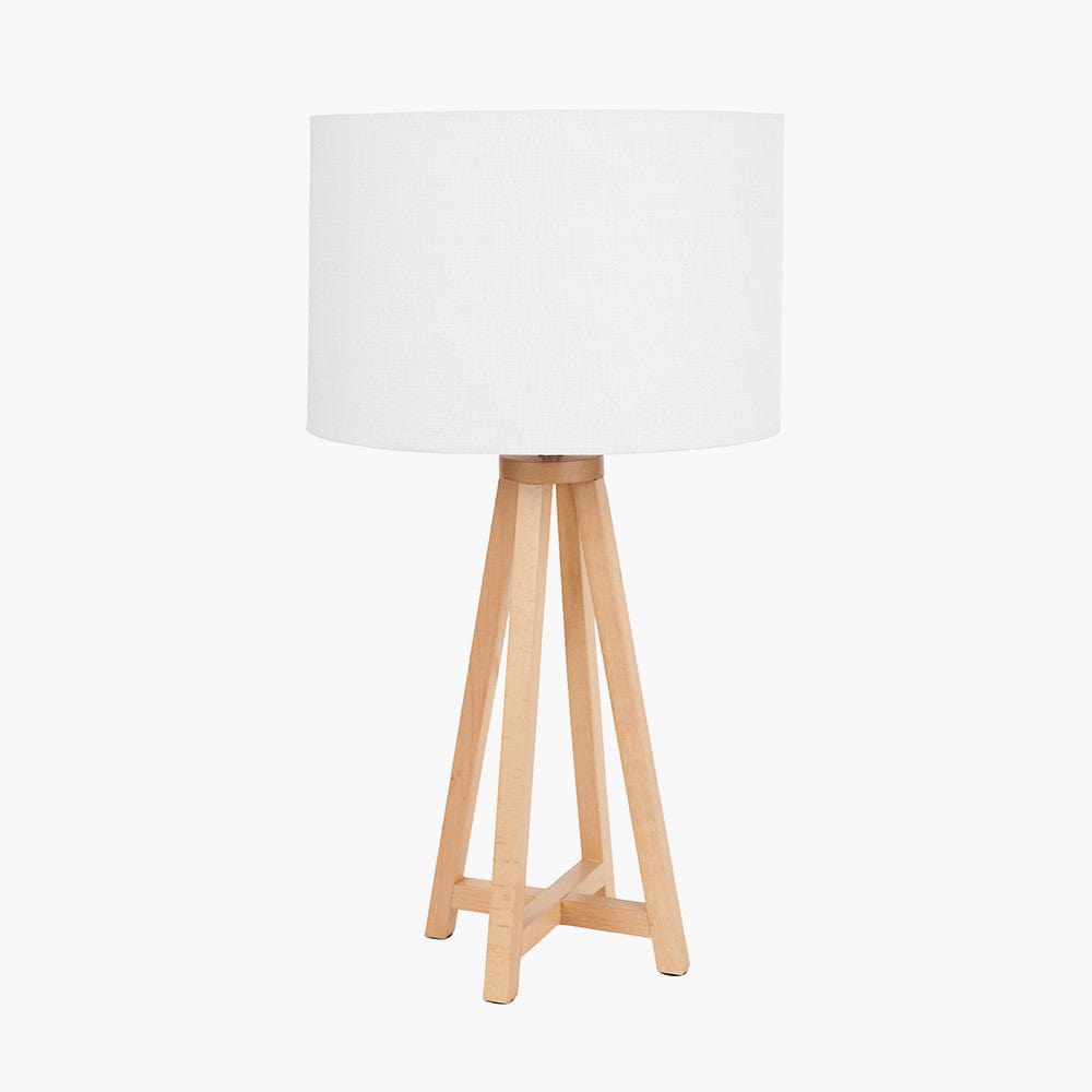 Whitby Natural Wood Tapered 4 Post Table Lamp Base with Lino 35cm White Self Lined Linen Cylinder Lampshade.