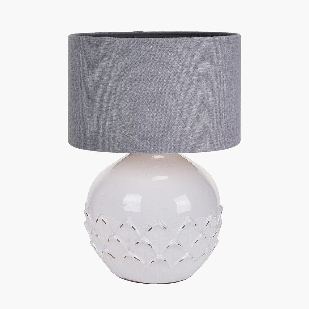 Willow White Leaf Detail Small Stoneware Table Lamp Base with Lino 25cm Steel Grey Self Lined Linen Cylinder Lampshade.