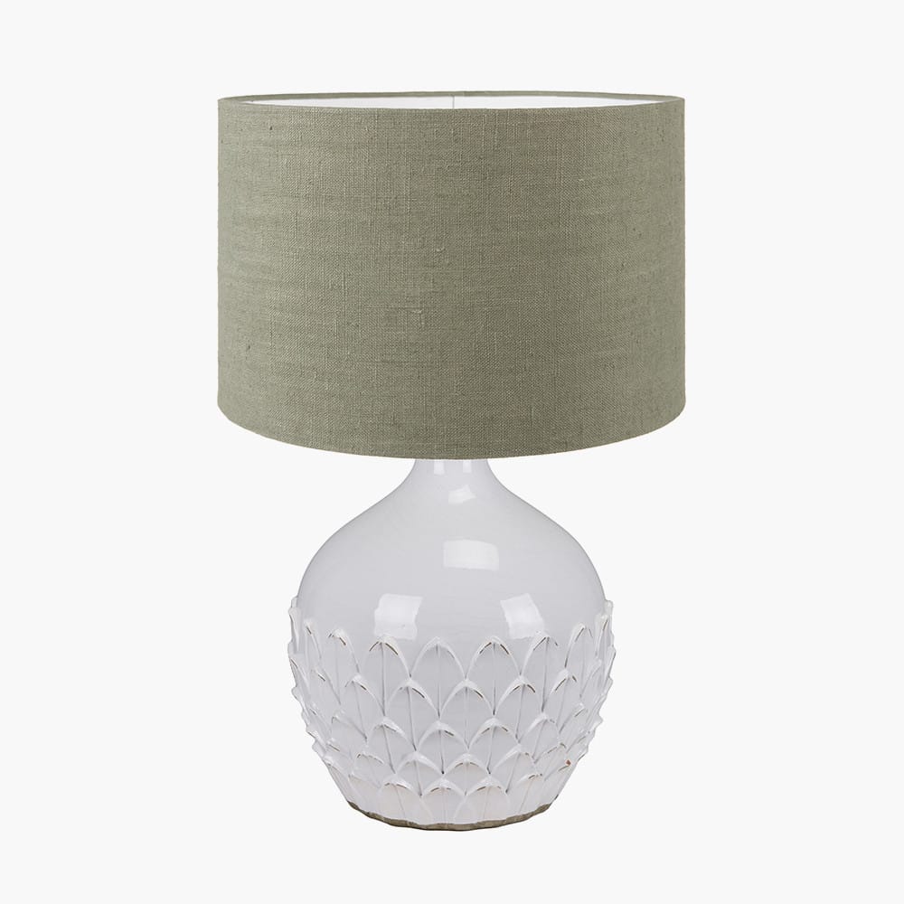 Pacific Lifestyle Lighting Willow White Leaf Detail Stoneware Table Lamp Base with Edward 40cm Pistachio Green Linen Cylinder Lampshade House of Isabella UK