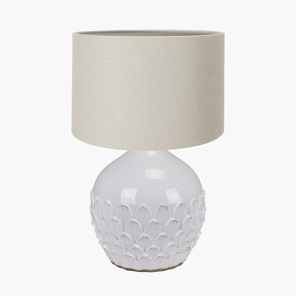 Willow White Leaf Detail Stoneware Table Lamp Base with Lino 40cm Grey Self Lined Linen Cylinder Lampshade.