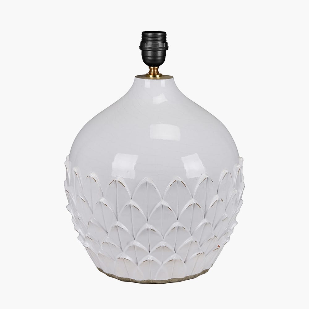 Pacific Lifestyle Lighting Willow White Leaf Detail Stoneware Table Lamp Base with Lino 40cm White Self Lined Linen Cylinder Lampshade House of Isabella UK