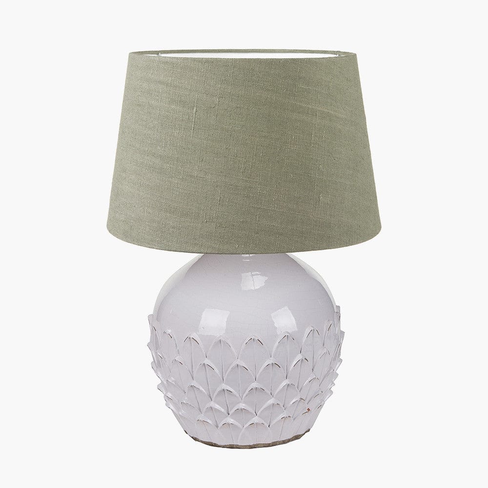 Willow White Leaf Detail Stoneware Table Lamp Base with Milos 40cm Pistachio Green Linen Tapered Lampshade.
