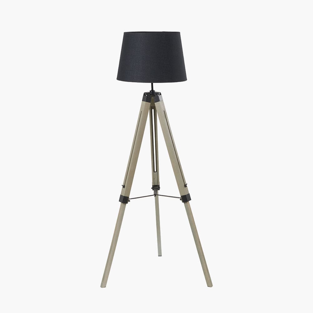 Windsor Sage Green Wooden Tripod Floor Lamp with Adelaide 40cm Black Tapered Cotton Mix Lampshade.