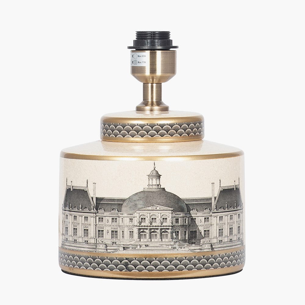 Wren Black and Cream Building Print Ceramic Table Lamp Base with Bow 30cm Black Velvet Cylinder Lampshade.