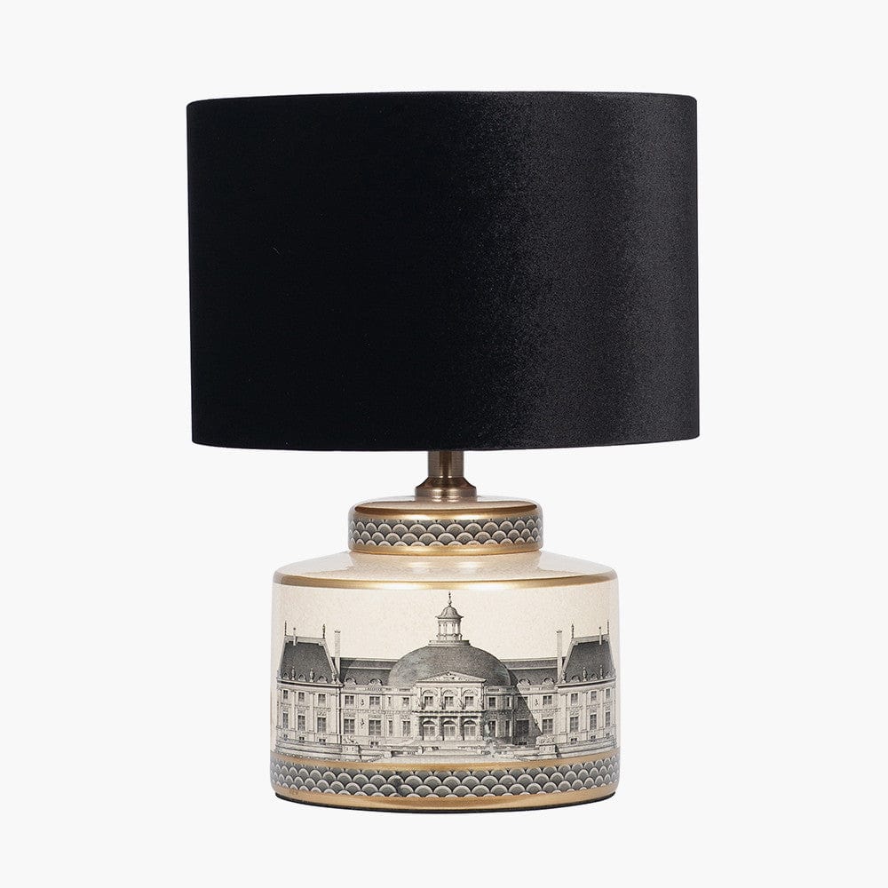 Wren Black and Cream Building Print Ceramic Table Lamp Base with Bow 30cm Black Velvet Cylinder Lampshade.