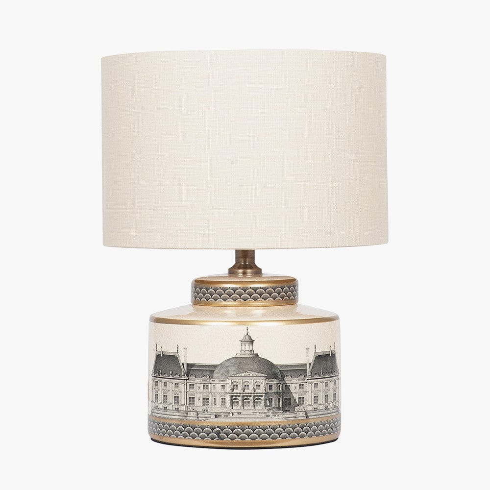 Wren Black and Cream Building Print Ceramic Table Lamp Base with Lino 30cm Butterscotch Self Lined Linen Cylinder Lampshade.