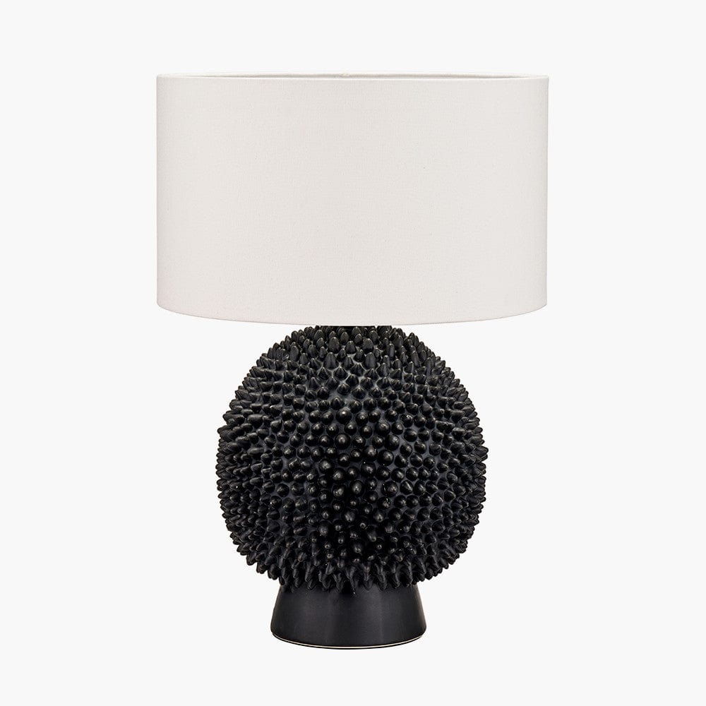 Wrenley Black Ceramic Sea Urchin Table Lamp Base with Henry 35cm White Handloom Cylinder Lampshade.