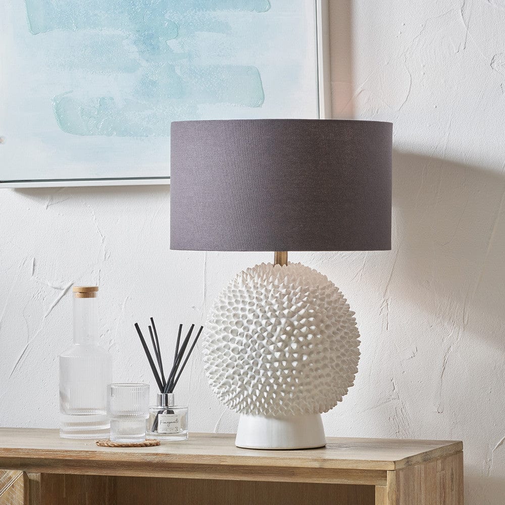 Wrenley Cream Ceramic Sea Urchin Table Lamp Base with Henry 35cm Grey Handloom Cylinder Lampshade.