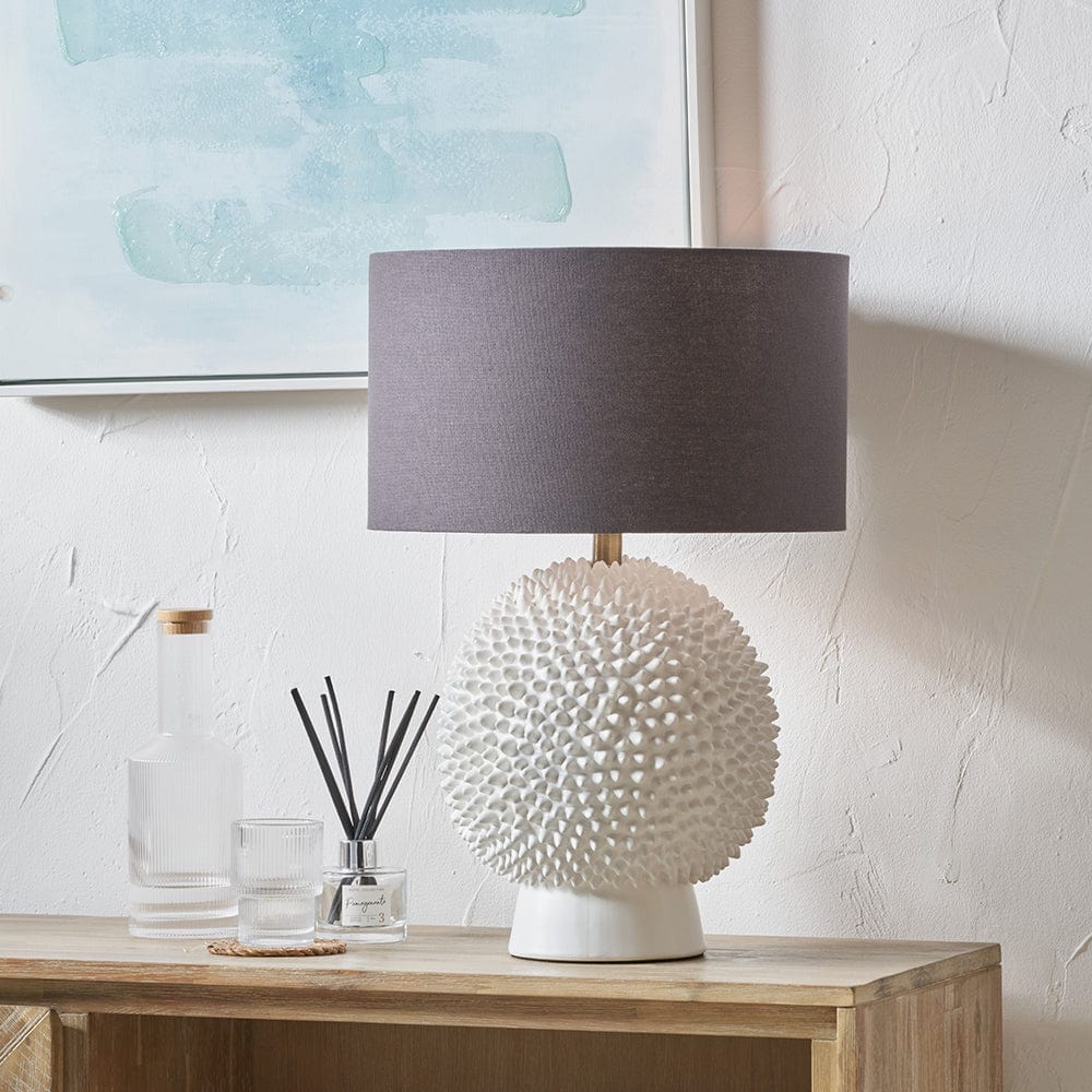Wrenley Cream Ceramic Sea Urchin Table Lamp Base with Henry 35cm Grey Handloom Cylinder Shade.